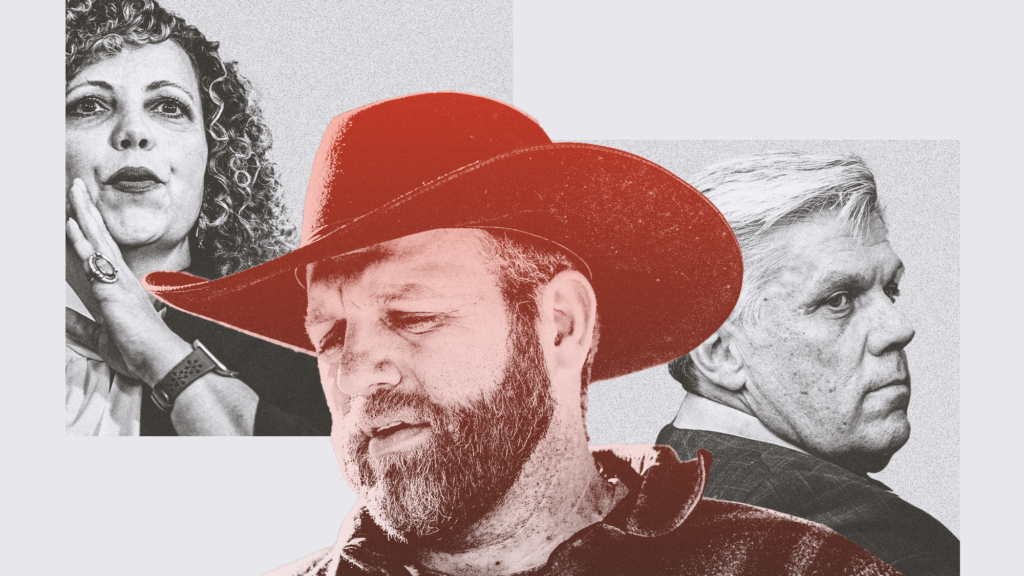 A photo collage of a woman with curly hair, a man with a beard wearing a cowboy. hat and a clean-shaven man in a suit with white hair