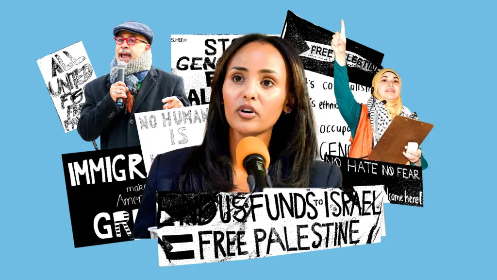 Collage featuring a two young women, Melat Kiros and Aber Kawas and an older man, Chris Rabb, surrounded by pro-Palestinian and pro-immigrant signs.