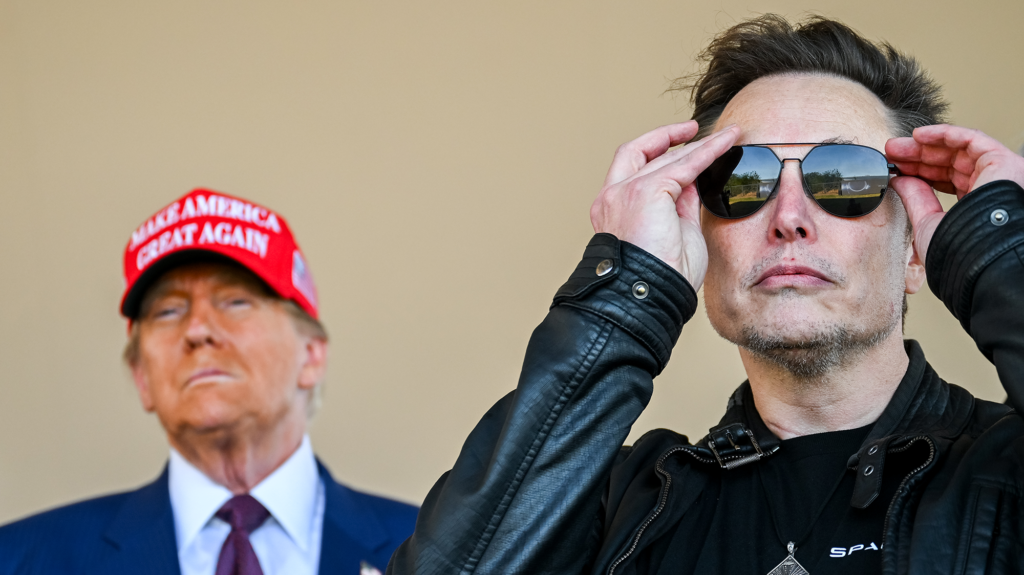 Donald Trump, white man in a suit and a red 
