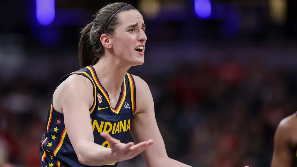 Indiana basketball player Caitlin Clark reacts during a match.