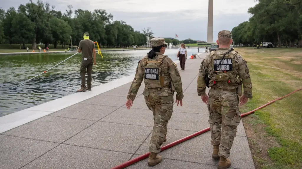 Two National Guard members walk past a National Park Service employee vacuuming algae.
