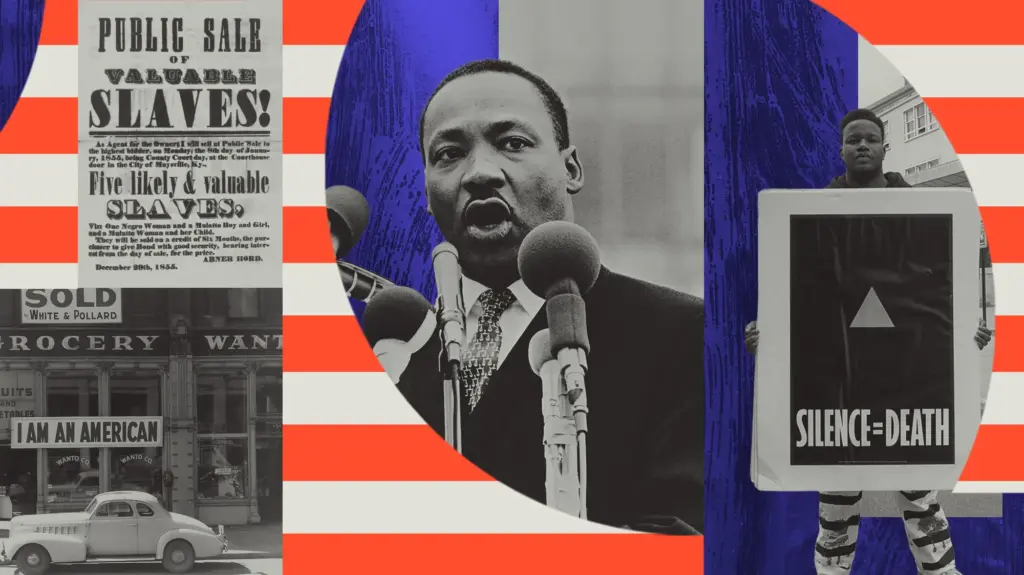 A multimedia digital collage layered over a background of red and white horizontal stripes. In the center, a large circular cutout displays a black-and-white photograph of Dr. Martin Luther King Jr. speaking into microphones. To the left, a historical poster with the headline 