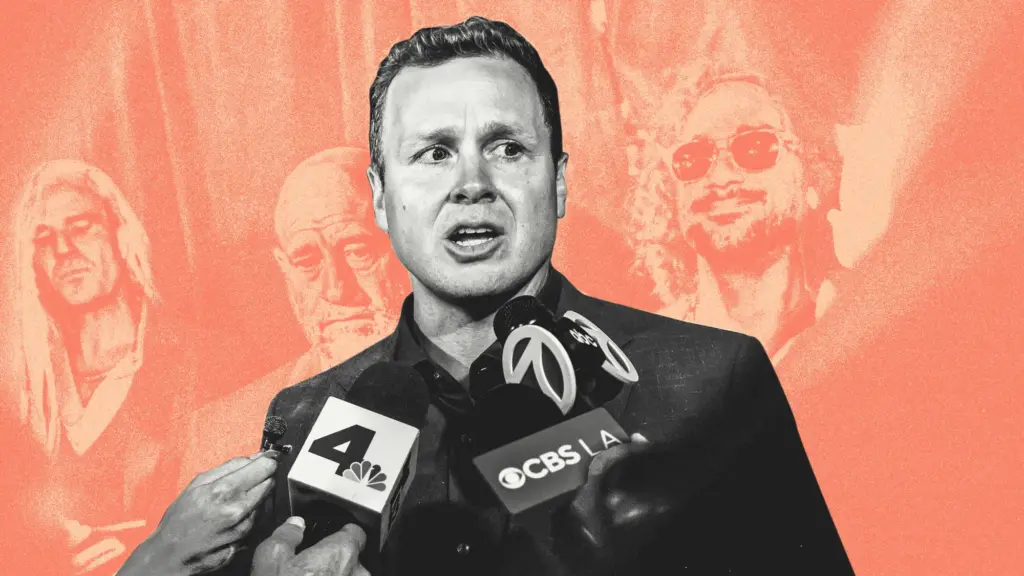 Treated photo of Spencer Pratt, a middle-aged white man speaking to reporters with microphones; he is in black and white and the background has an orange and yellow screen.