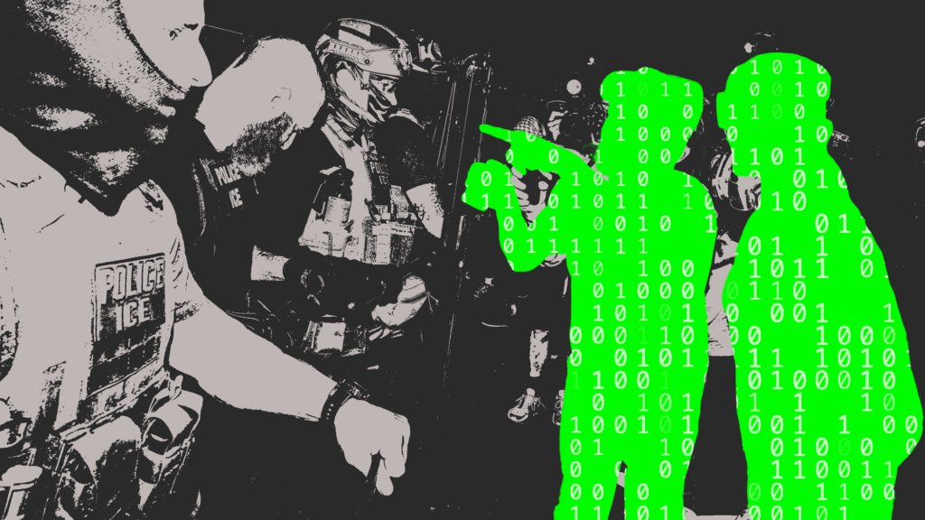 A black-and-white photo illustration of ICE agents confronting protestors. The bodies of two protestors are cut from the photograph and replaced with green background of zeroes and ones.
