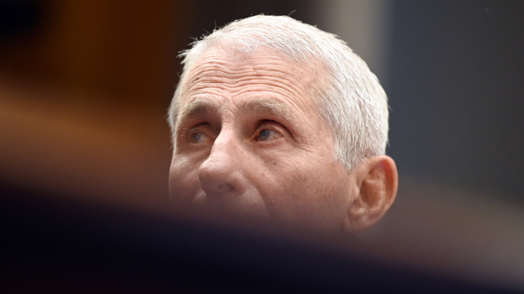 Anthony Fauci, an 85-year old white man with close cropped white hair. His mouth is obscured by an out of focus portion of a hearing room desk.