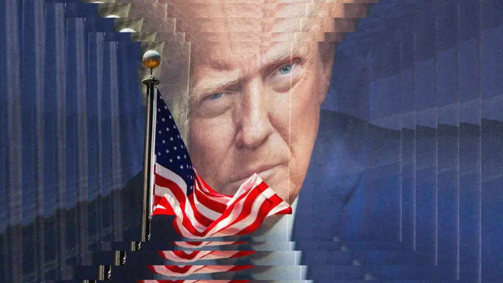 Close-up of Donald Trump's face behind a large American flag; the image is repeated and ripples outward.