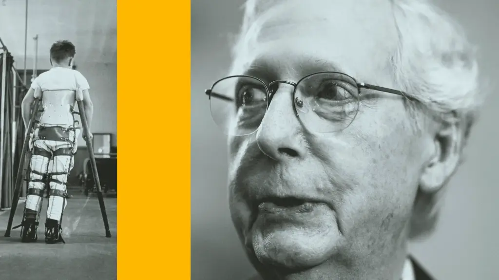 Photo collage featuring Senate Minority Leader Mitch McConnell looking toward an archival image of a young boy wearing braces to manage polio.