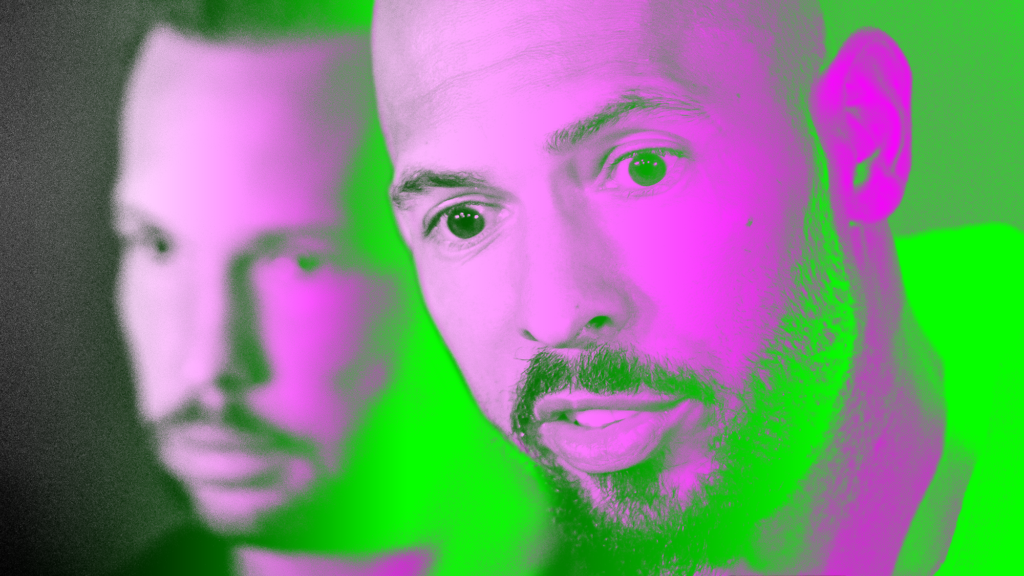 Two men with light beards and mustaches overlayed by a harsh purple and green gradient.