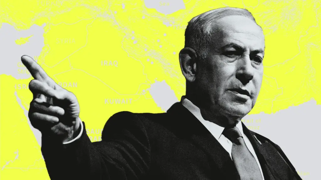 Photo collage featuring Benjamin Netanyahu pointing at a treated map behind him that shows various attacks in the Middle East since the beginning of the year.