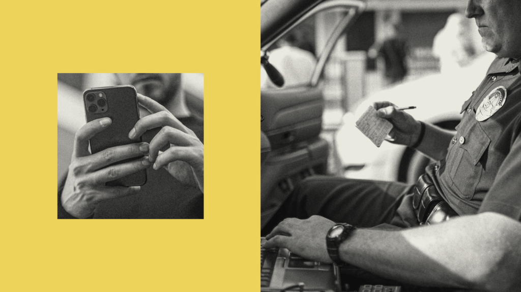 A diptych of two black-and-white photos. On the left side on a yellow background is a square inset photo of a person presumably typing on a mobile phone. On the right, filling the entire frame, is a police officer, sitting in a car, typing on the keyboard of a laptop computer.