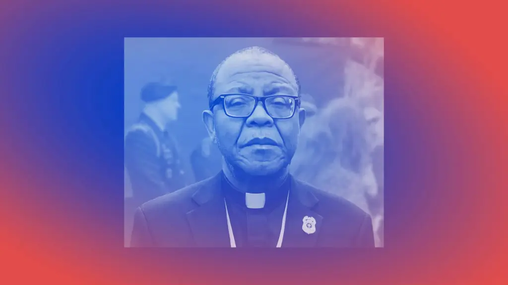 A man wearing glasses stands facing forward against a blurred background of people, styled with a blue and red color gradient overlay