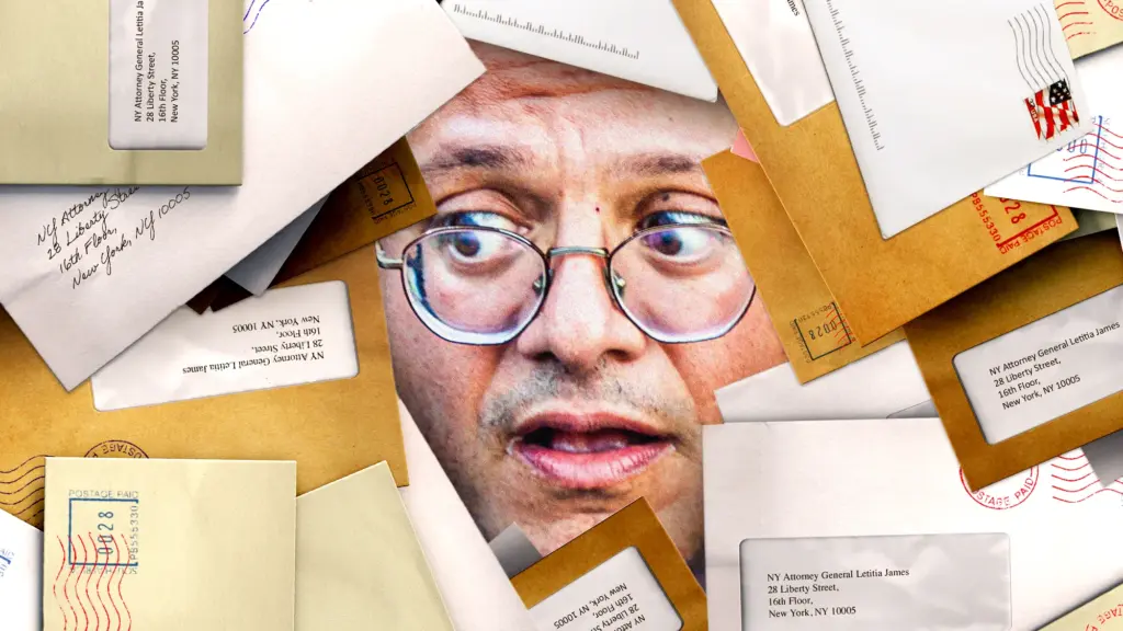 A close up of Israeli minister of National Security Itamar Ben-Gvir with a shocked expression, covered by piles of letters and mail.