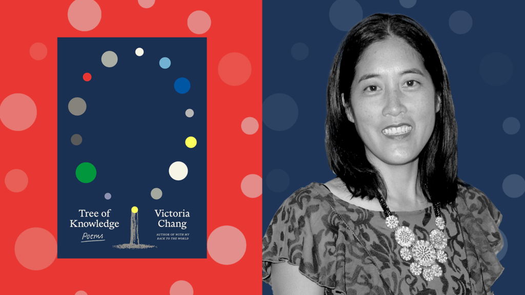 A diptych photo collage in which there's an image of the book cover on the left and a portrait of the author on the right. The book cover an illustration that centers a tree stump. In place of limbs and leaves is a vertical oval of colorful circles of various sizes. To the left of the stump are the words