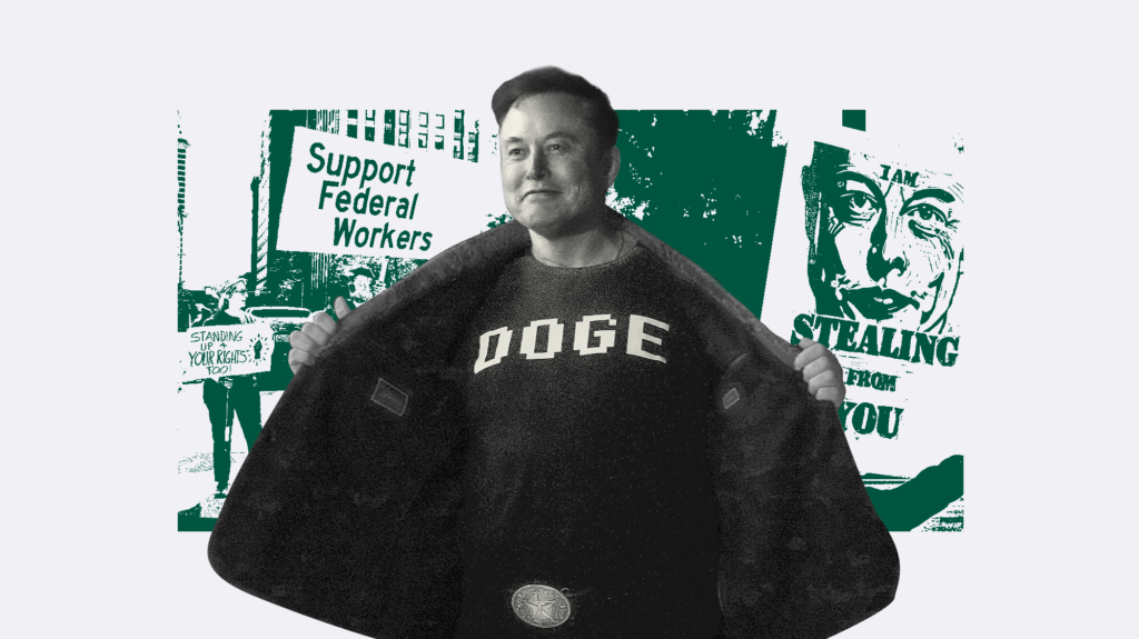 Photo collage that centers Elon Musk, a middle-aged caucasian man, opening his jacket to reveal a black DOGE t-shirt underneath. He has a slight smile on his face. Behind Musk are two photos of people protesting DOGE. One person's sign reads