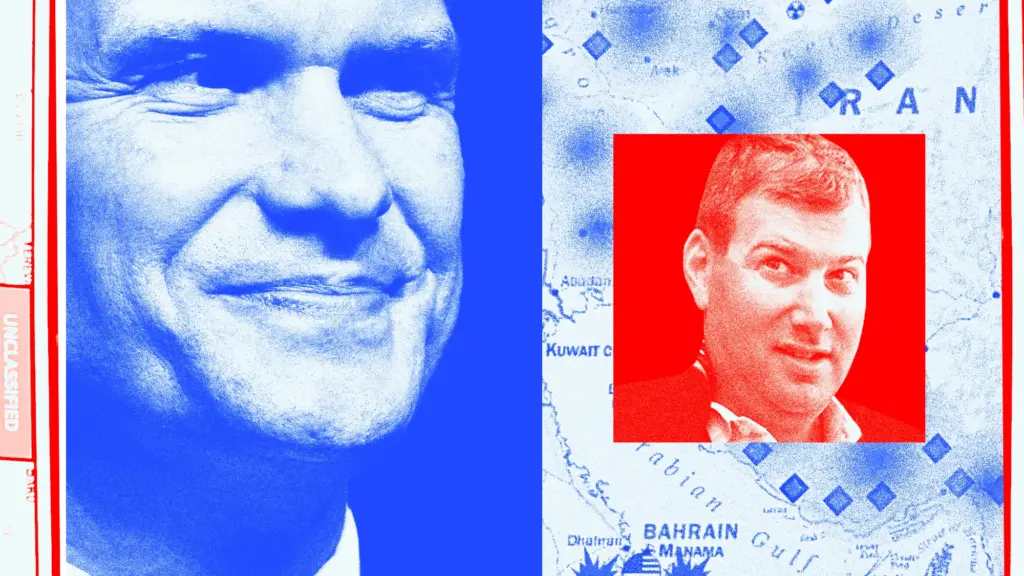 Photo featuring a crop of Secretary of Defense Pete Hegseth smiling, a close crop of a another man, Jonathan Burkan, overlaid on a map of air and missle strikes in Iran, carried out by the US and Israel.