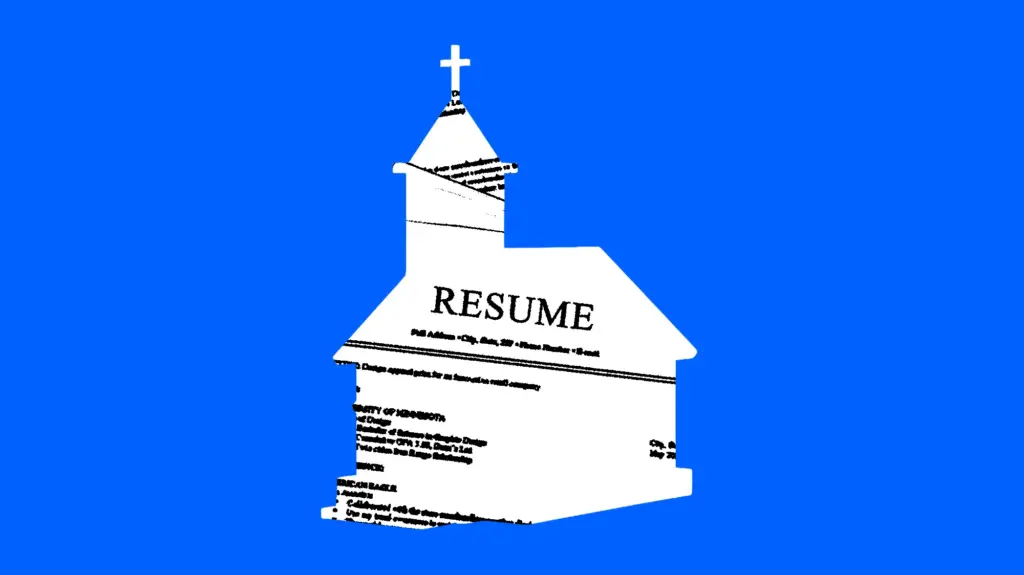An illustration featuring a white silhouette of a church with a steeple and cross against a solid blue background. A resume template fills the silhouette, with the text