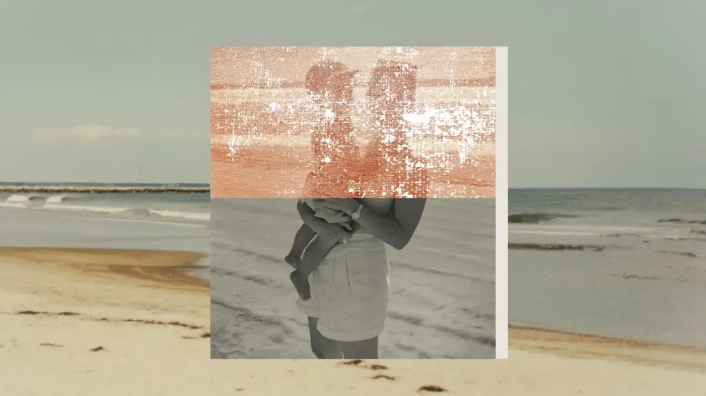 An editorial photo collage of a person holding a child on a sandy beach, overlaid with a textured, distressed rectangle obscuring their upper bodies.