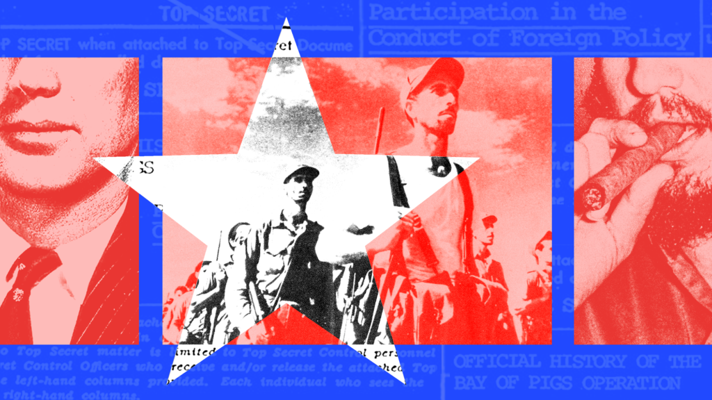 A photo collage in gradients of red, white and blue that features from left: A tight crop of the portrait of John F. Kennedy, soldiers standing in formation, a tight crop of Fidel Castro holding a cigar that he's chewing on. Underneath the red images are documents in blue that read