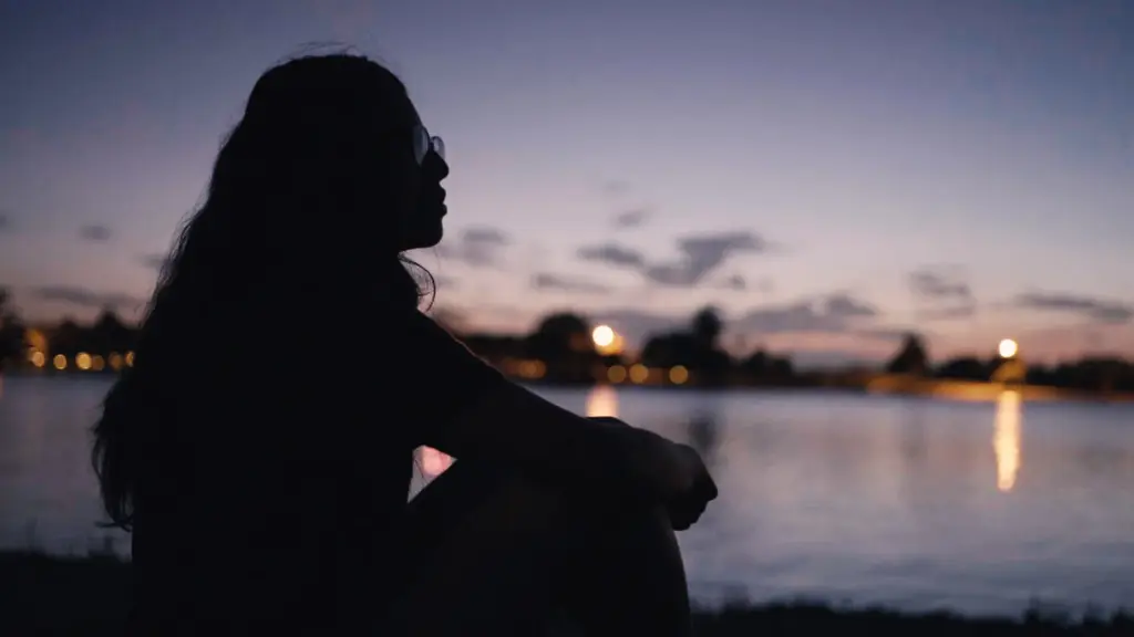 A young woman with long hair and glasses is silhouetted against a faint twilight scene of water and sky dotted with orange lights in the distance.
