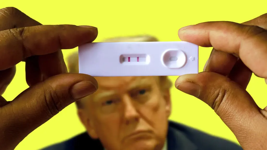Two hands hold up a positive pregnancy test showing two red lines in sharp focus against a bright yellow background. Donald Trump appears blurred in the background, staring forward with a serious expression.