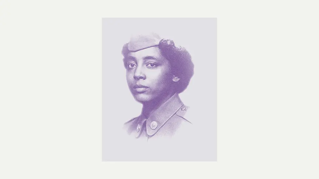 A monochromatic purple-toned studio portrait of a person with dark, styled hair wearing a military uniform shirt with an open collar, lapel pins, and a side-capped military hat. The portrait is centered inside a rectangular frame on a light background.