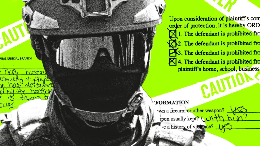 Photo collage featuring a close-up grainy ICE officer, with a combat helmet, reflective glasses, and face covering; he is surrounded by excerpts from court filings detailing violence and caution tape.
