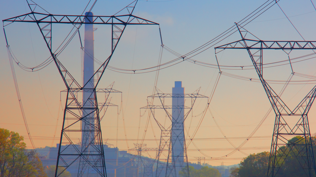 Power lines stand in front of coal smoke stacks during sunset
