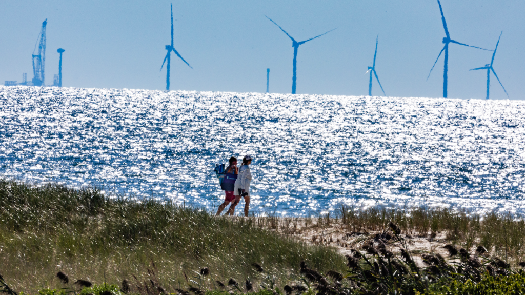 Two people walk on green grassy pathway beside the glimmering blue ocean with wind turbines standing on the horizon.