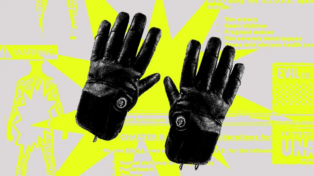 A conceptual collage featuring electric shock gloves at the center, overlaid on a large yellow burst of electricity and excerpts from a training manual