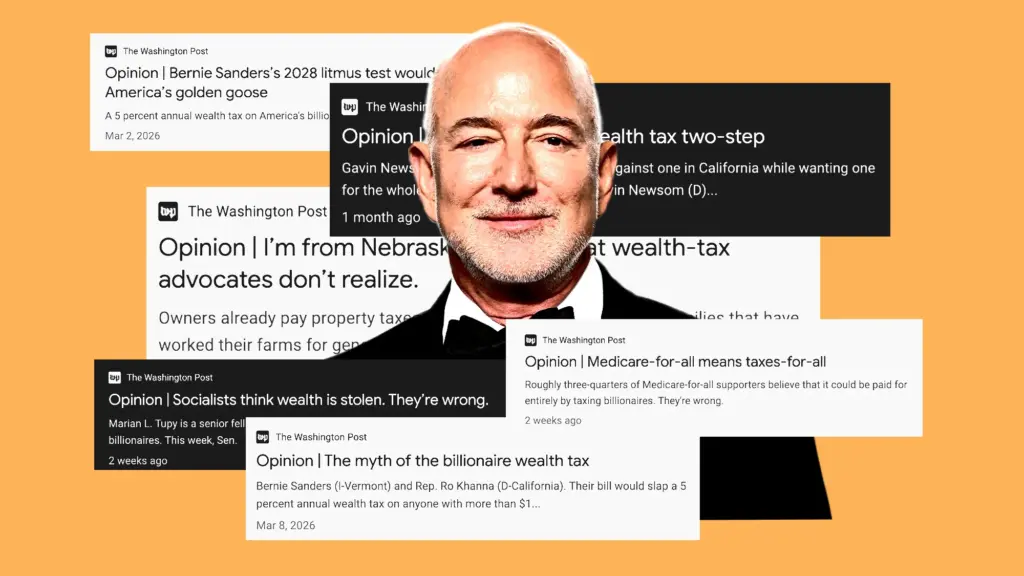 Photo collage of Jeff Bezos in a suit, surrounded by clippings of news headlines from the Washington Post about wealth taxes.
