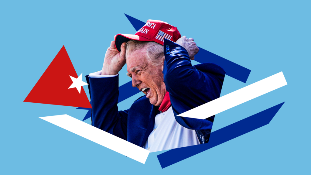 A photo illustration that centers a cutout image of Donald Trump holding his hat in place on his head as disassembled parts of the Cuban flag appear in a jumble around him, as if they threateningly flew at him.