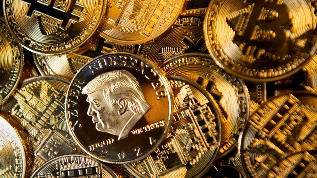 A pile of gold Bitcoins with a golden Trump
