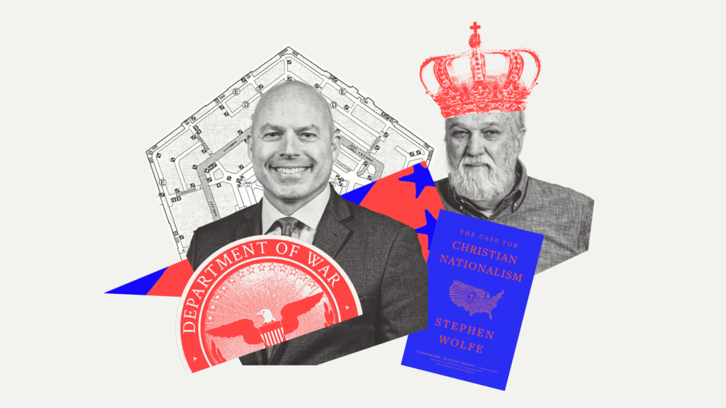 A photo collage that features two men: one middle-aged man and an elderly man. The middle-aged man is Caucasian, has a clean-shaven head and face and is wearing a suit. The elderly man is also Caucasian and has a white beard. On the elderly man's head sits a crown with a cross at the top. Around them are snippets of the Department of War emblem, the American flag, and the book titled