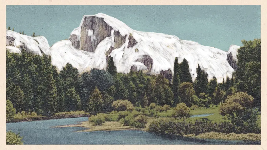 An animated illustratin of a river and meadows with Half Dome snow-covered, but then the snow all melts.