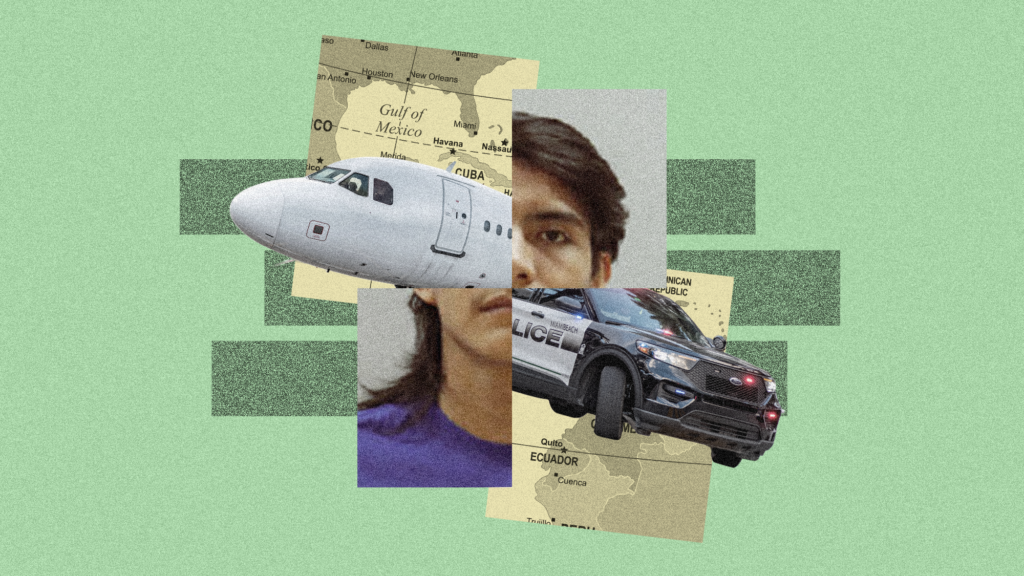 A collage features a young person's face split into tiles alongside a commercial airplane, a police SUV, and map fragments of the Americas.