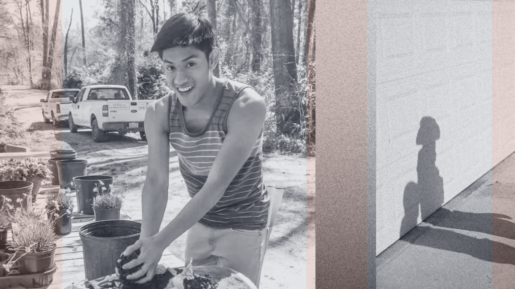A diptych of two photos. On the left, a young man with dark hair wearing a striped tank top smiles as he looks at the camera while holding hands full of potting soil. On the right, we see the shadows of two ICE agents against a garage door.Dividing the two photos are pink and gray bands.