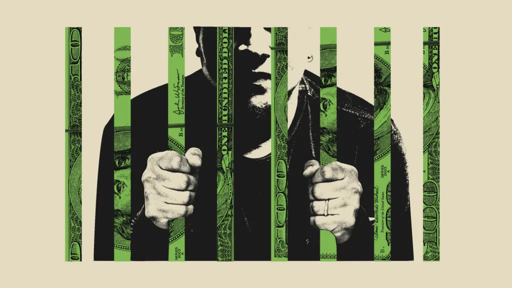 Conceptual illustration of a migrant behind bars, which are made out of slices of $100 dollar bills