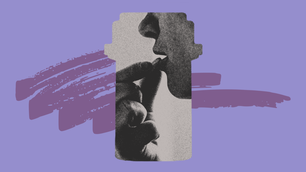 A photo illustration that shows the mouth of a woman placing a pill on the tip of tongue within the shape of a pill bottle. Behind the pill bottle shape is a thick scribble on a purple background.
