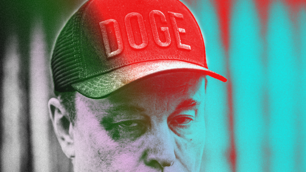 A closely cropped photo of Elon Musk's face wearing a DOGE hat treated with a red-a-blue gradient.