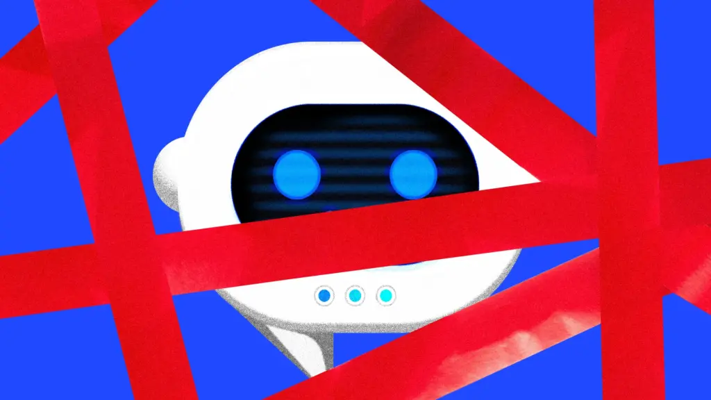 Conceptual illustration of an AI chatbot trapped behind red tape.