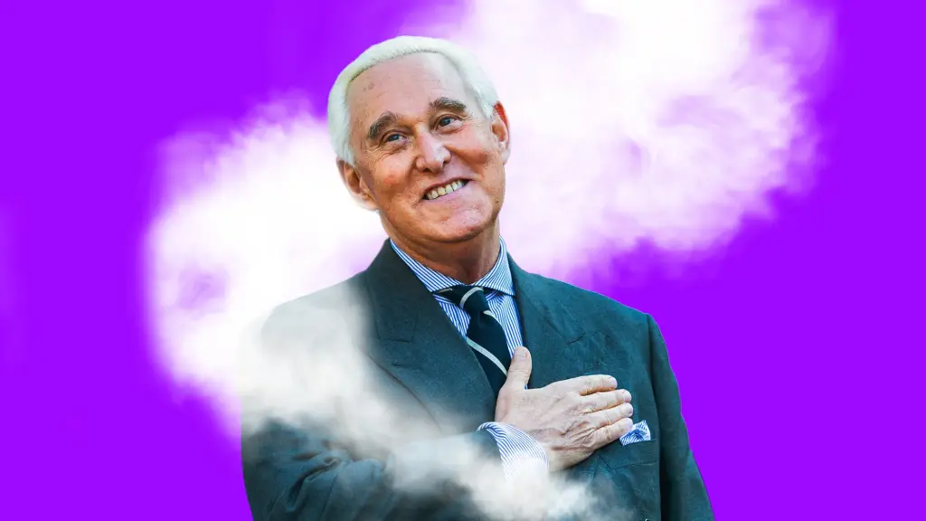 Conceptual illustration of Roger Stone, an elderly Caucasian man, smiling with his hand over his heart, surrounded by a spiral of vape smoke.