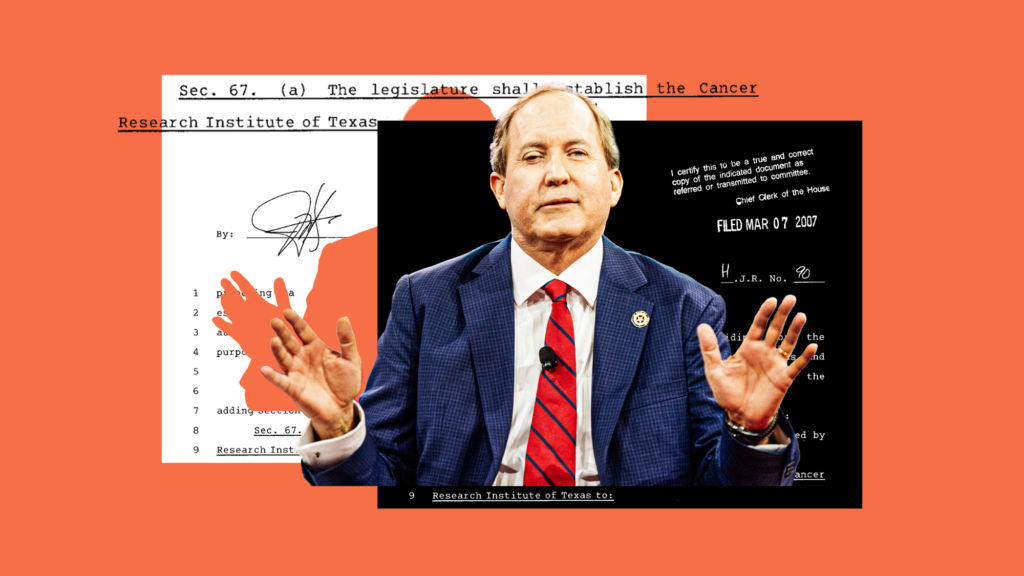 A collage that centers Ken Paxton, a balding brown-haired Caucasian wearing a blue suit and red tie with blue stripes. He is holding both hands up, palms outward, in front of him. Behind him is legislation that reads in part