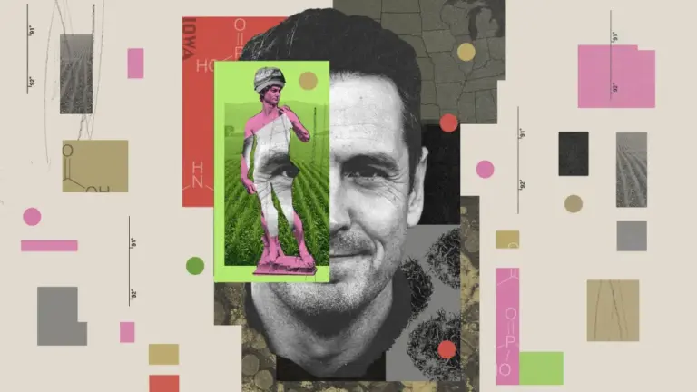 A photo collage in gray, tan with bits of red, pink and chartreuse that centers a smiling middle-aged man with dark hair, the statue of David wearing a 