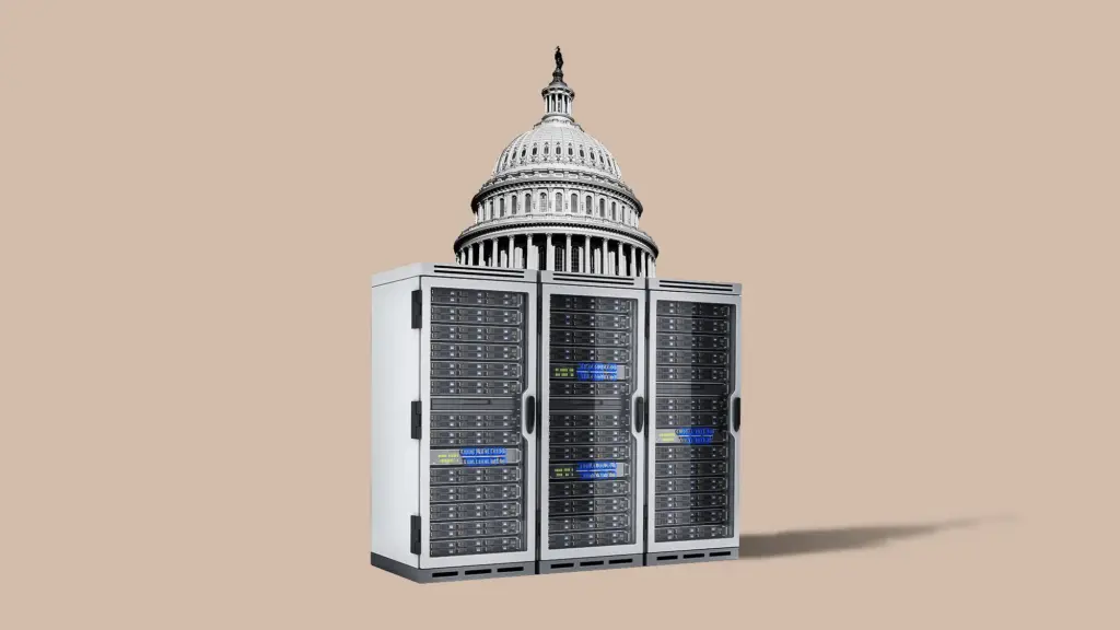 A photo illustration with three server racks standing in front of the dome of the US Capitol against a beige background.
