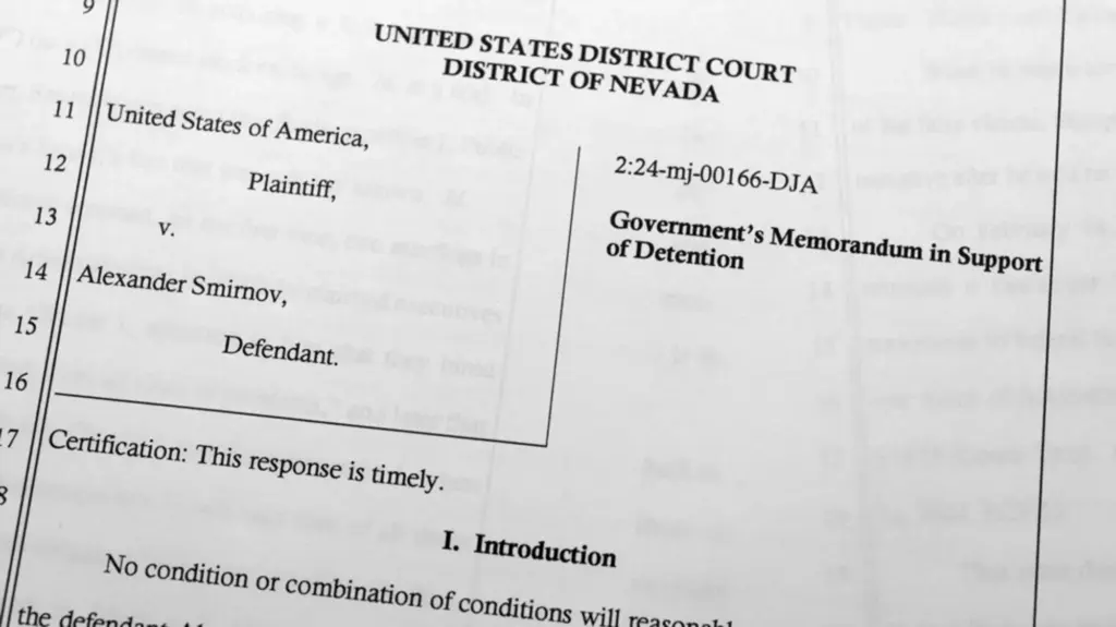 A photo of a court document in the case against Alexander Smirnov.