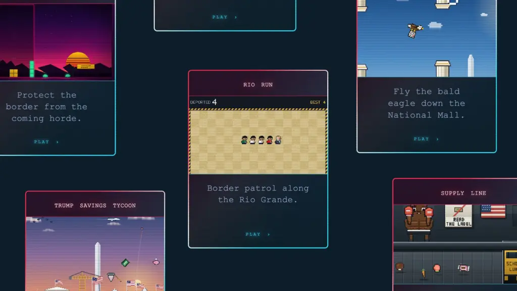 Photo collage featuring screenshots of games put out by The White House, including titles like