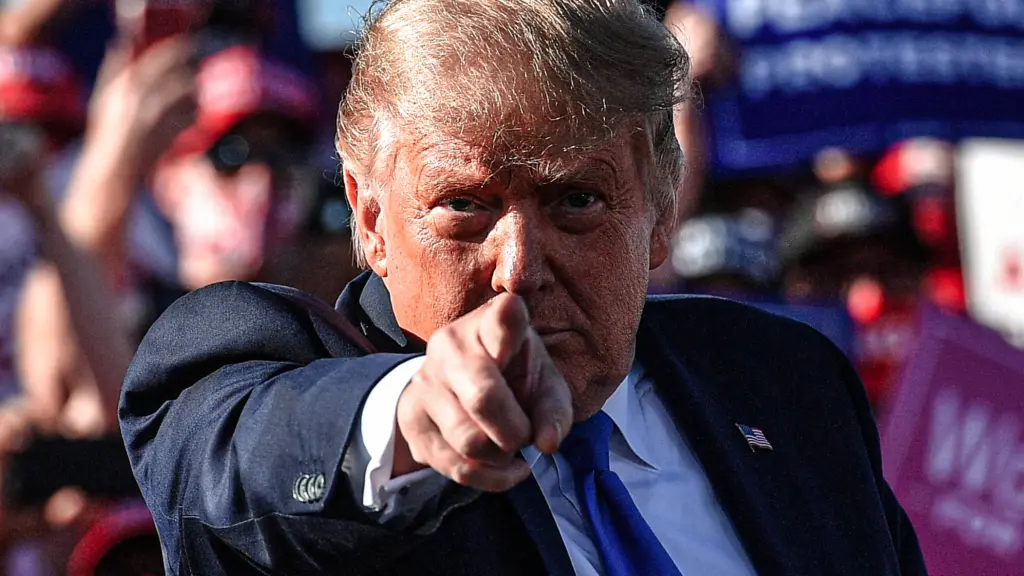 An image of a man, Donald Trump, with blond hair dressed in a suit, staring and pointing directly at the camera. Behind him are supporters with signs.