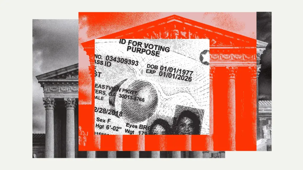 Conceptual collage featuring the Supreme Court Building in the background and a close crop of a Georgia State voter ID card
