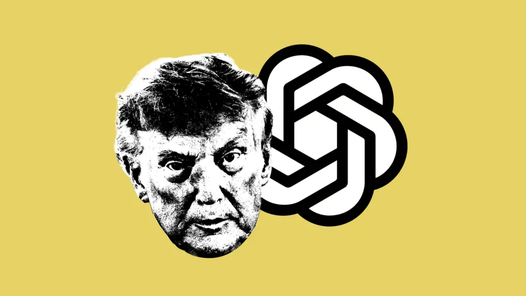 An illustration that pairs the stern face of Donald Trump with the OpenAI blossom logo, both in a stylized harsh black and white