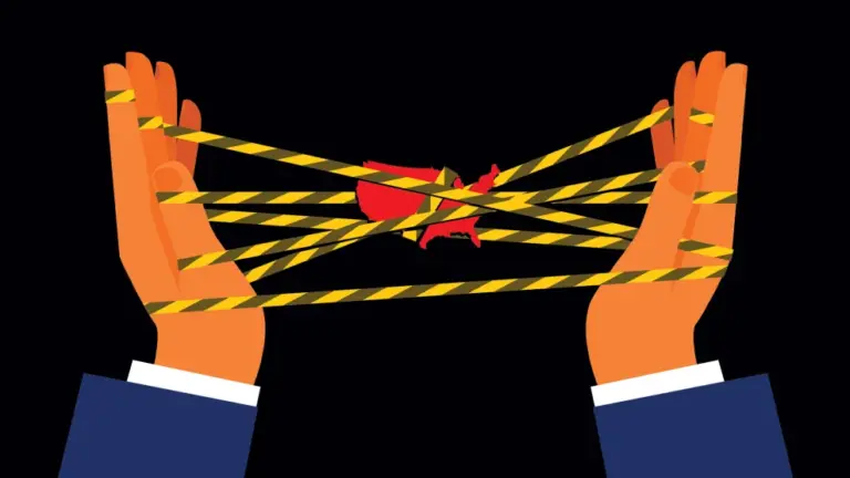 An illustration depicts the United States trapped in a cats cradle of caution tape